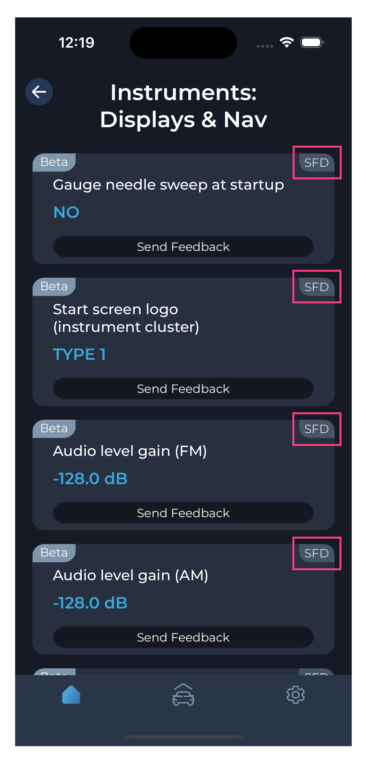 Screenshot of the Carista diagnostic app of the Customization menu: Instruments: Display and Navigation