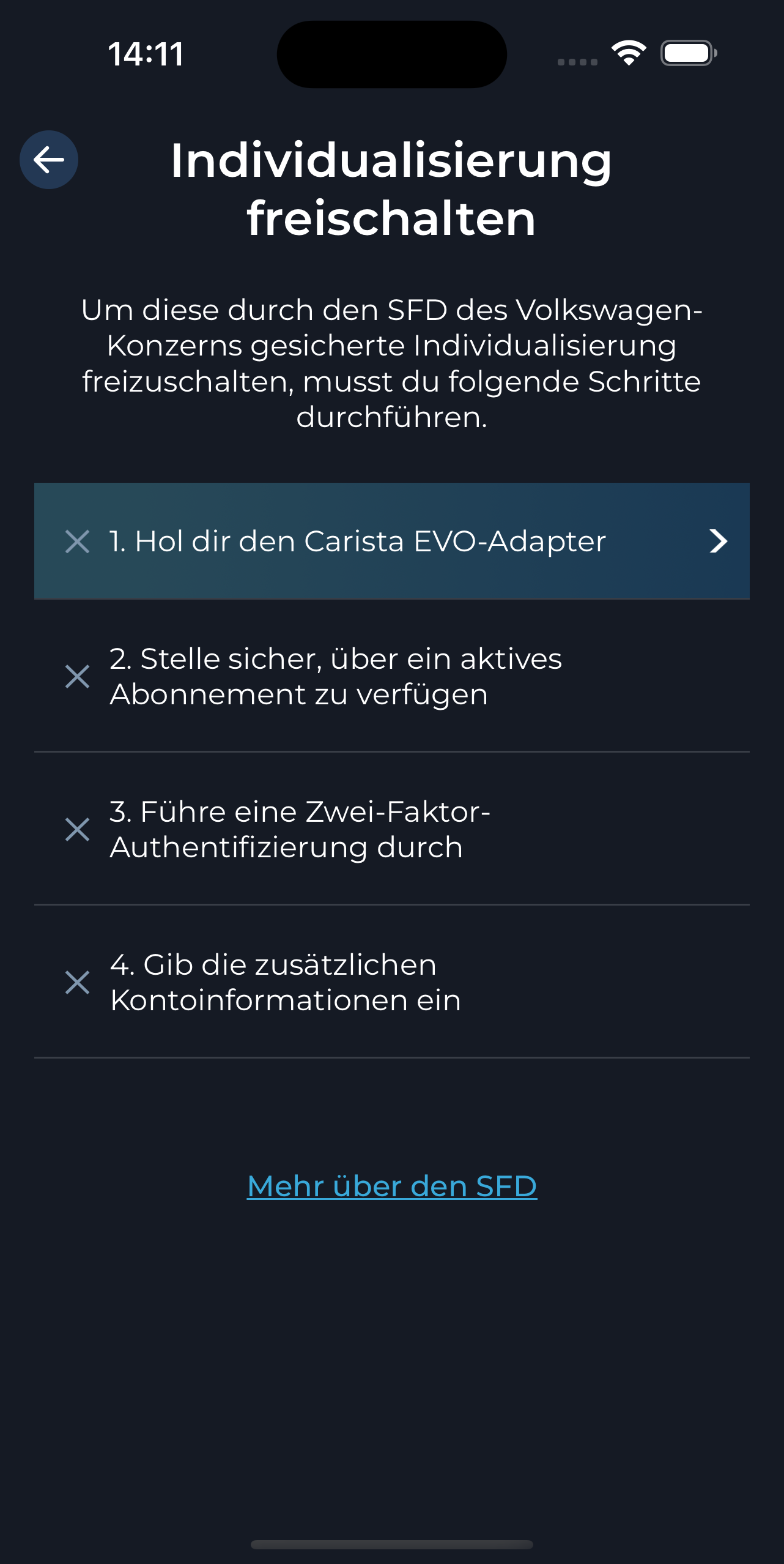 Screenshot der Carista Diagnose-Fahrzeugsoftware der SFD Customization