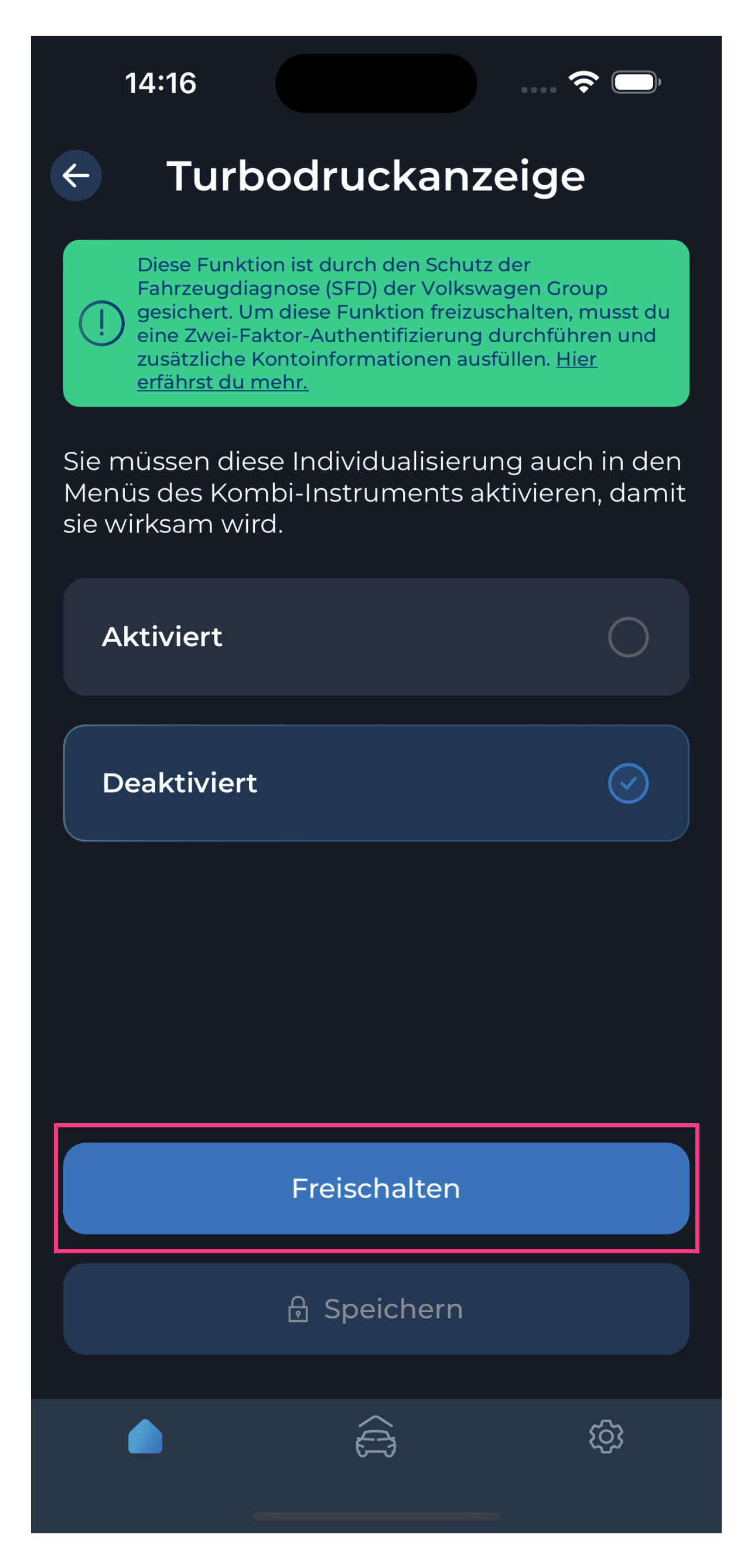 Screenshot der Carista OBD-Mobil-Auto-App des Anpassungsmenüs: Gauge Needle Sweep beim Start
