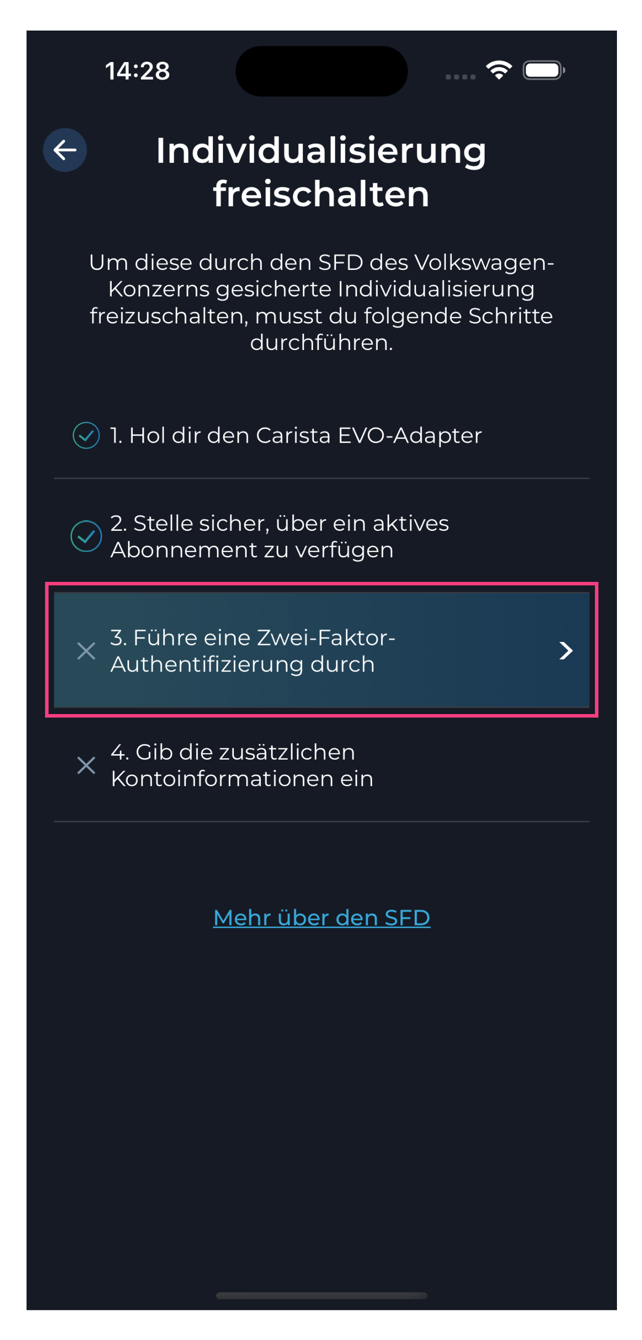 Screenshot der Carista Diagnose-Fahrzeugsoftware der SFD Customization