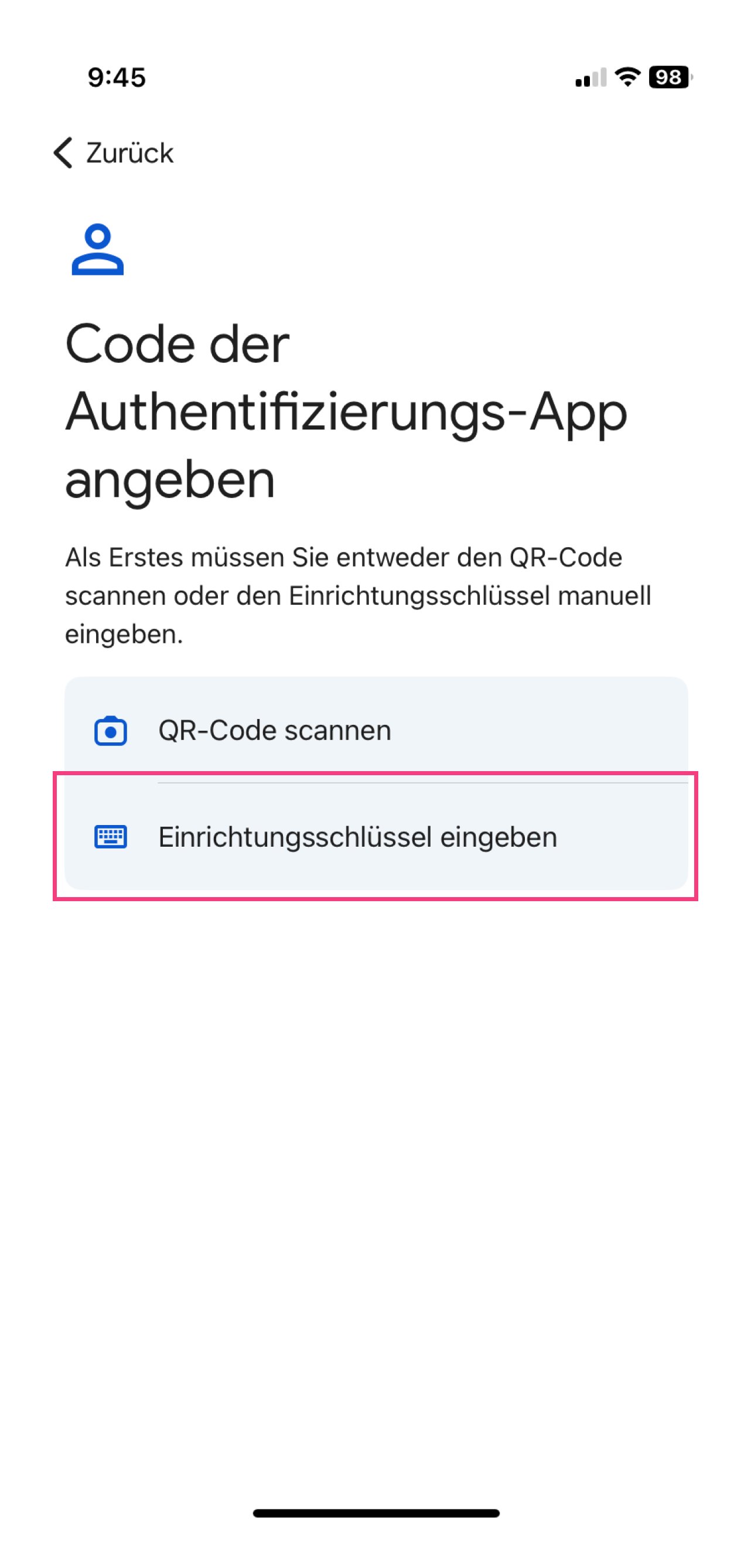 Google Authenticator App – Bildschirm 2