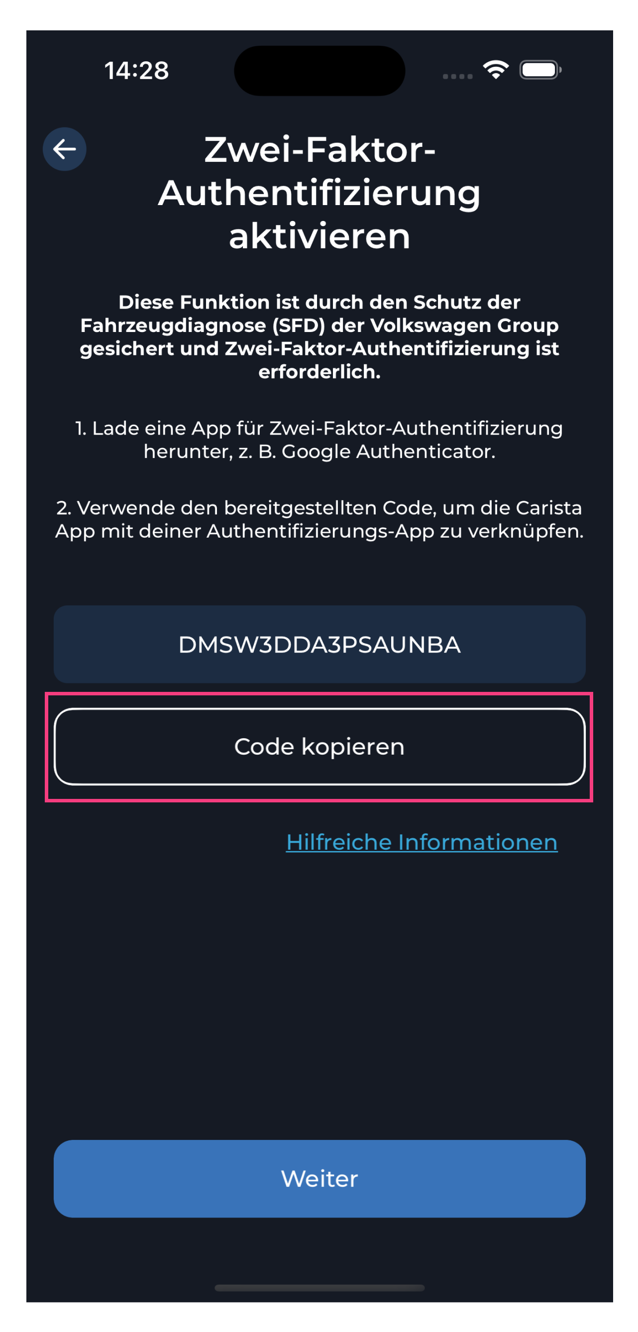 Schritt 2 - Zwei-Faktor-Authentifizierung aktivieren - Code kopieren