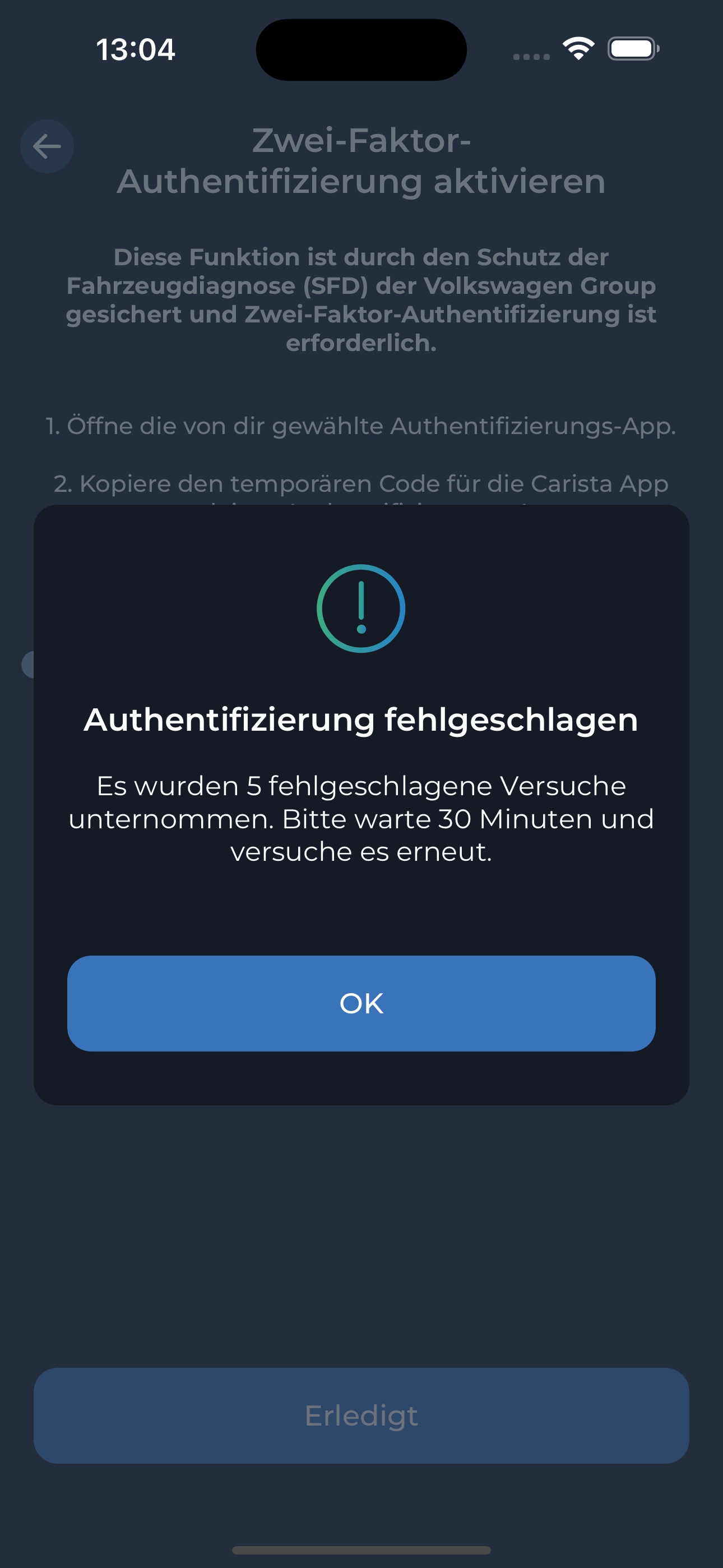 Schritt 4 Zwei-Faktor-Authentifizierung – falscher Code 5 Versuche