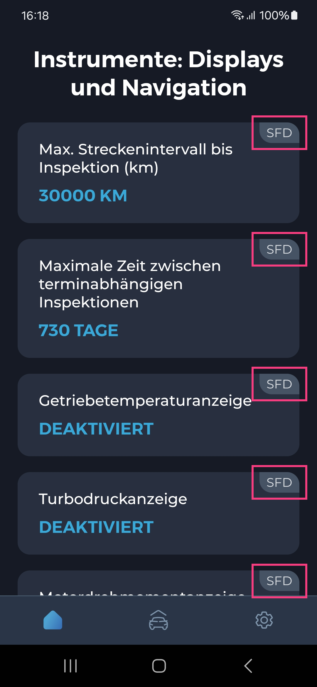 Screenshot der Carista Diagnose-App des Anpassungsmenüs: Instrumente: Anzeige und Navigation