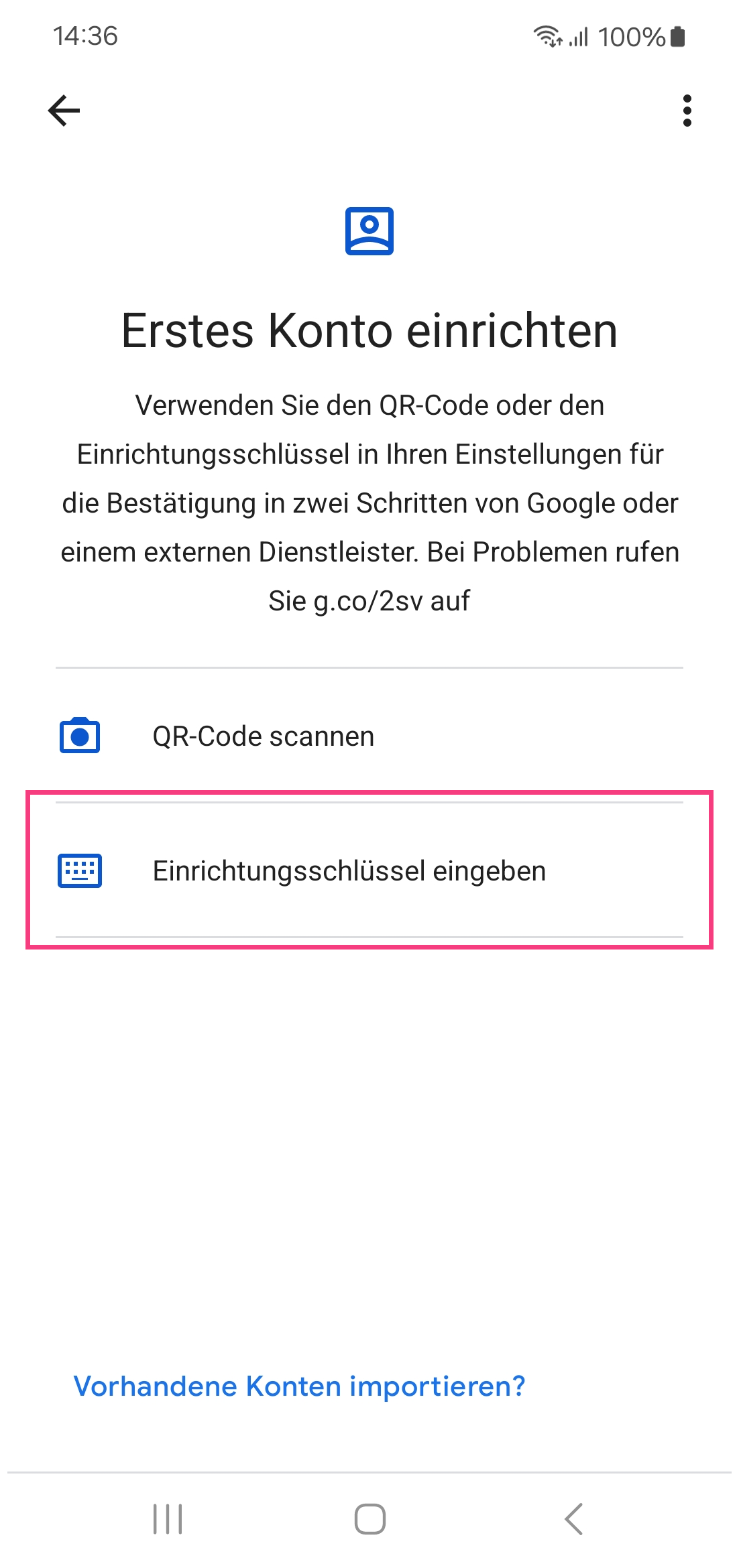 Google Authenticator App – Bildschirm 2