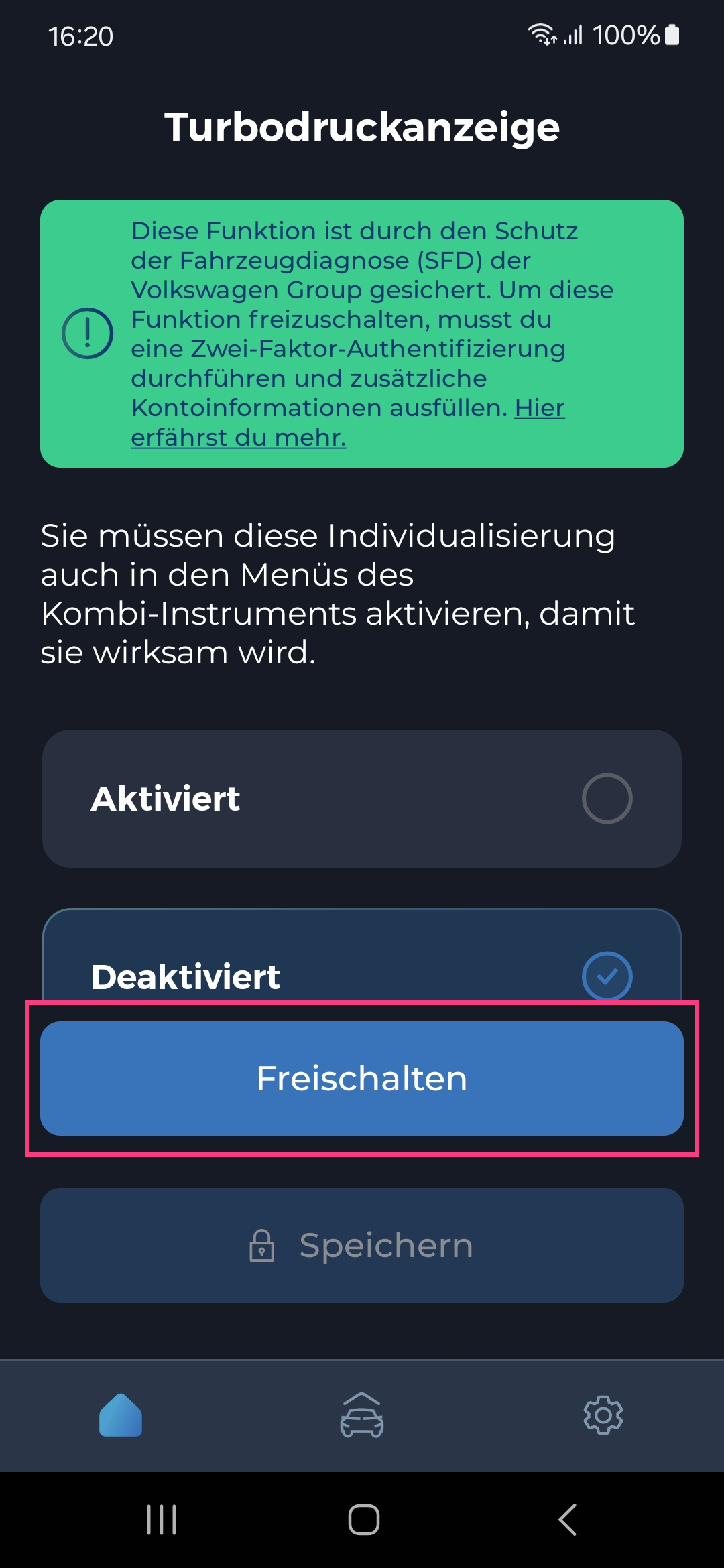 Screenshot der Carista OBD-Mobil-Auto-App des Anpassungsmenüs: Gauge Needle Sweep beim Start