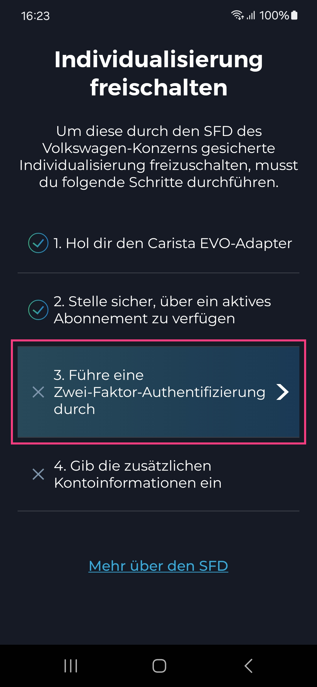 Screenshot der Carista Diagnose-Fahrzeugsoftware der SFD Customization