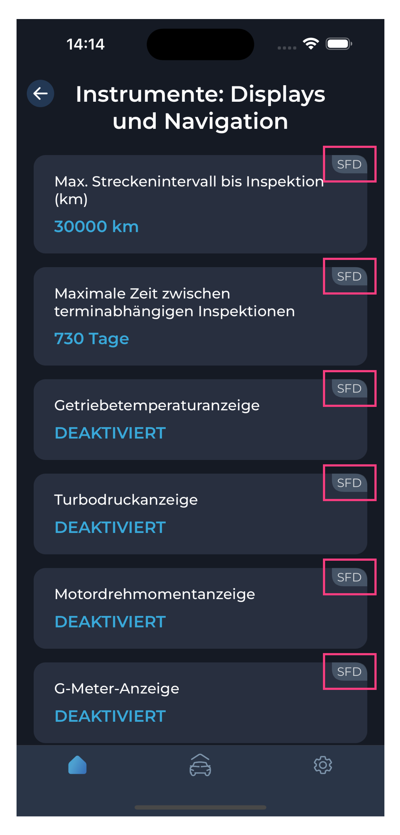 Screenshot der Carista Diagnose-App des Anpassungsmenüs: Instrumente: Anzeige und Navigation
