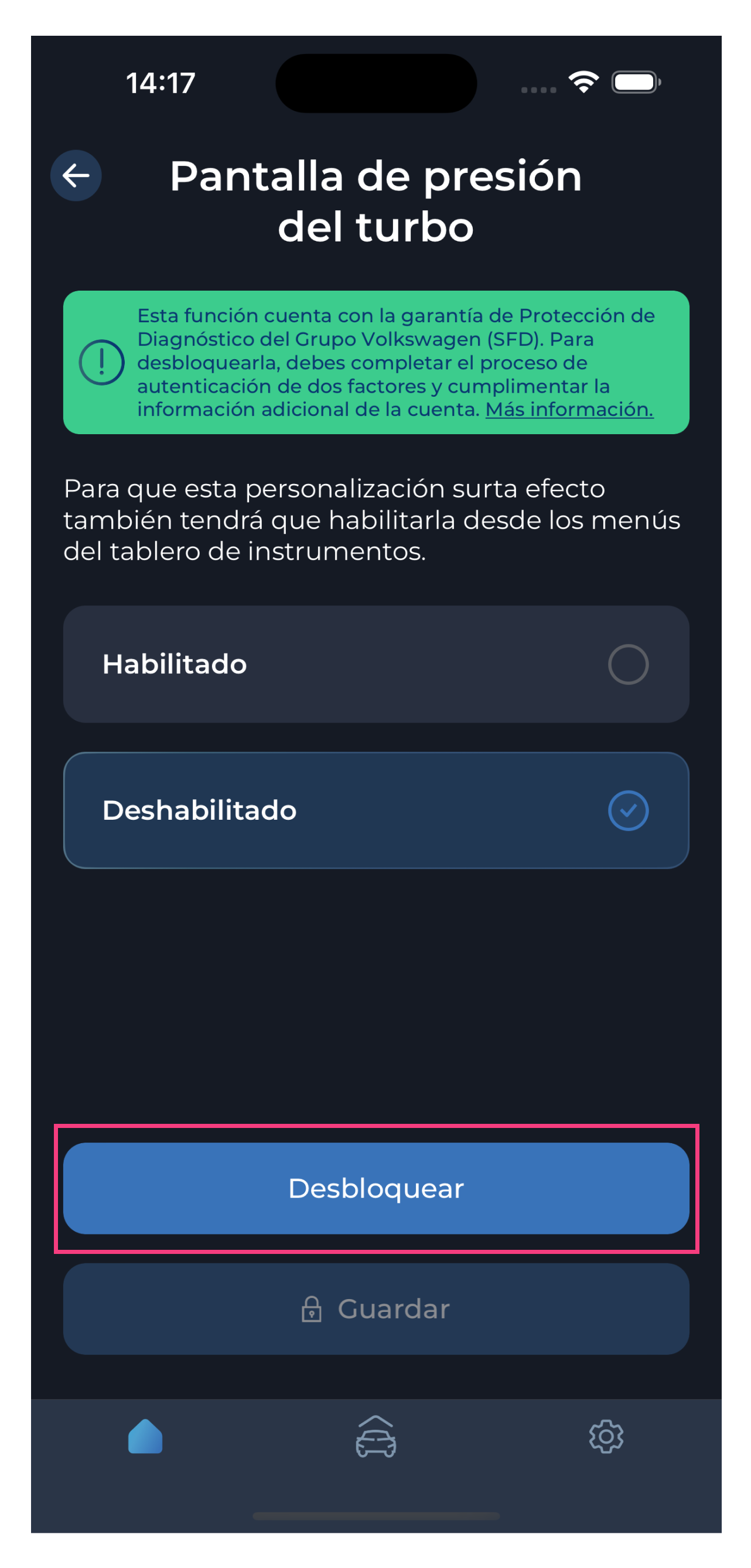 Screenshot der Carista OBD-Mobil-Auto-App des Anpassungsmenüs: Gauge Needle Sweep beim Start