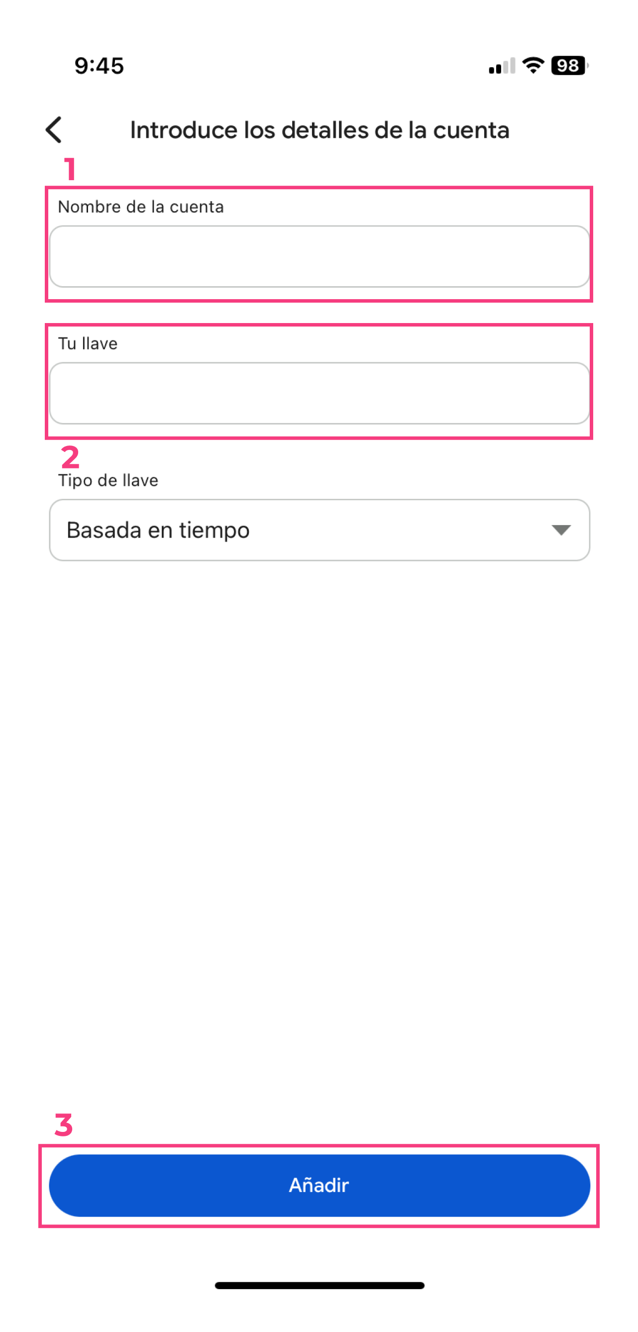 Aplicación Google Authenticator: pantalla 3