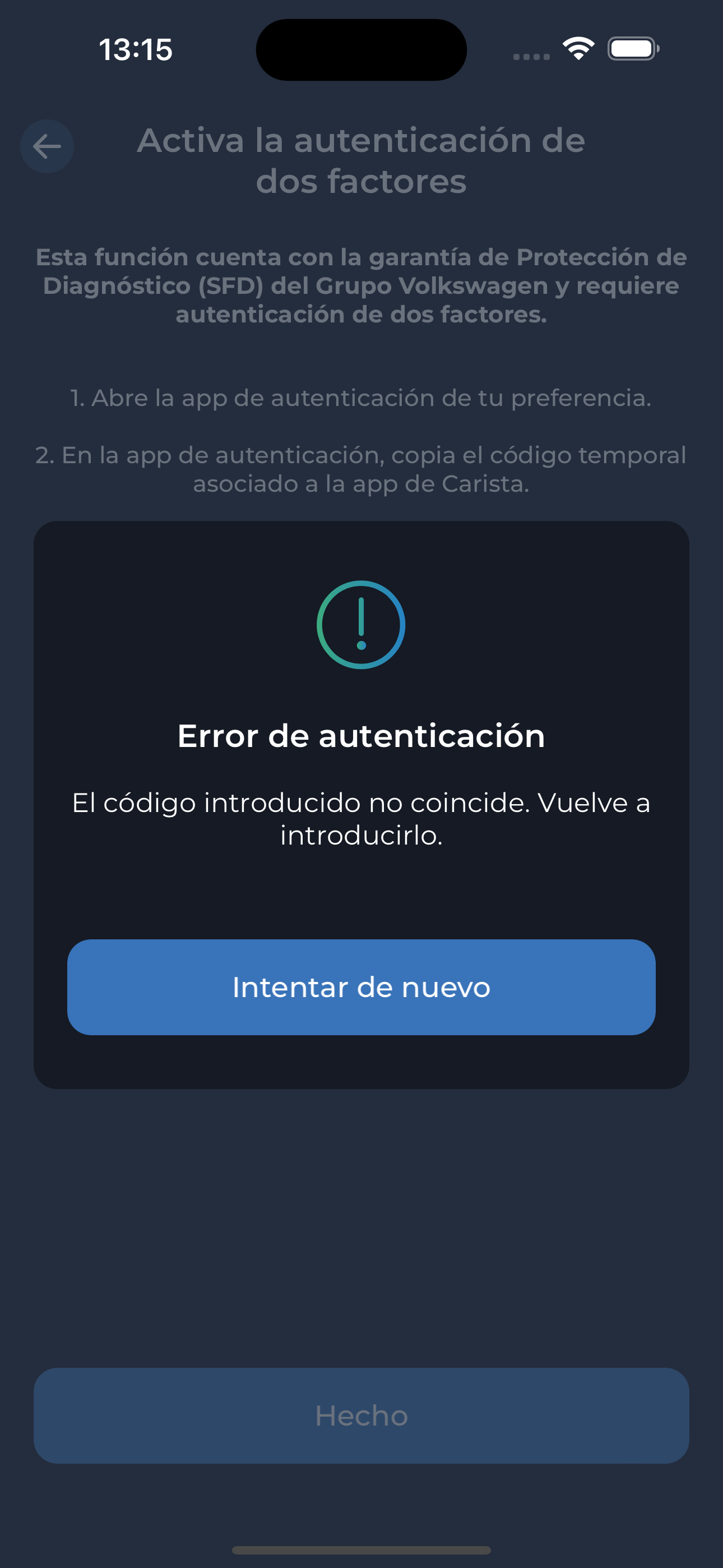 Paso 4 Autenticación de dos factores: código incorrecto