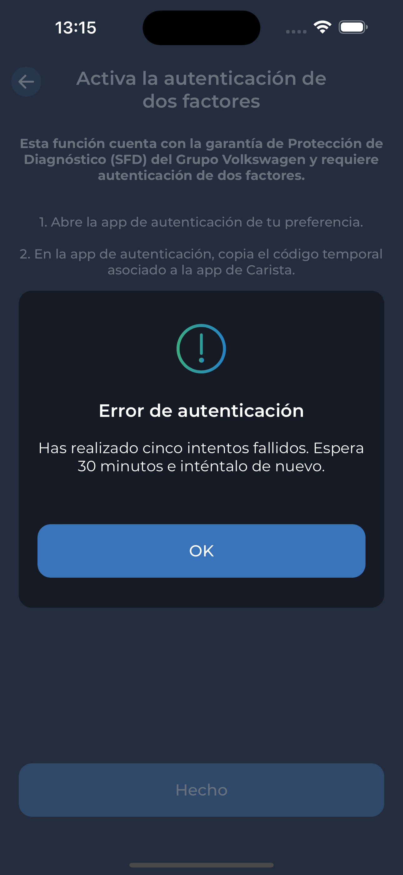 Paso 4 Autenticación de dos factores: código incorrecto 5 intentos