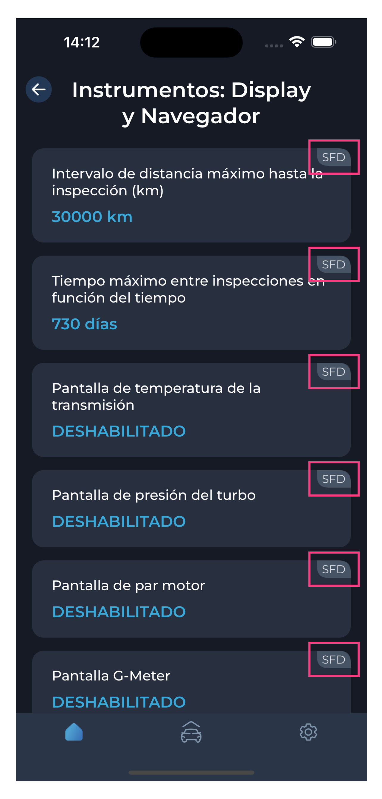 Captura de pantalla de la app de diagnóstico Carista del menú de personalización: Instrumentos: visualización y navegación
