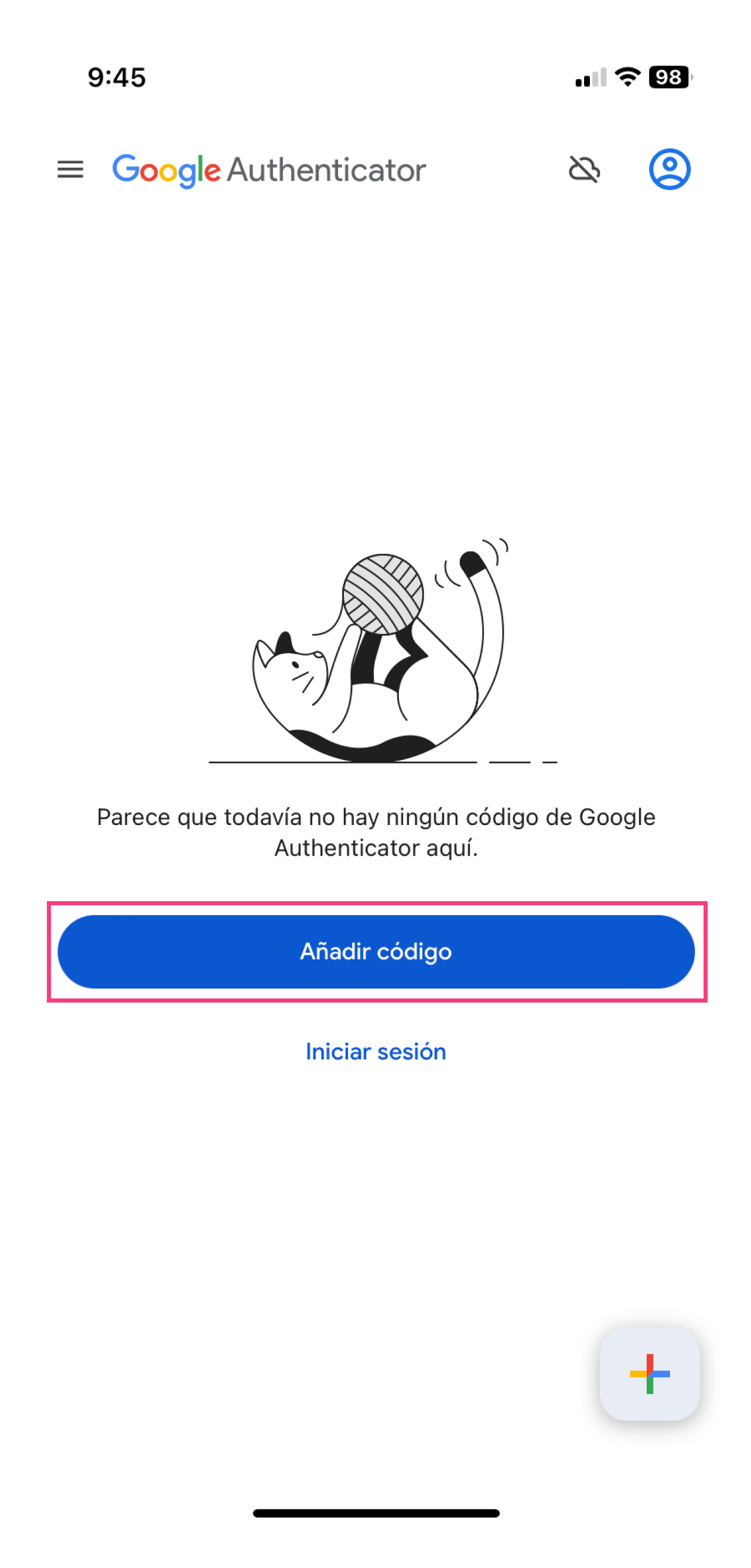 Aplicación Google Authenticator: pantalla 1