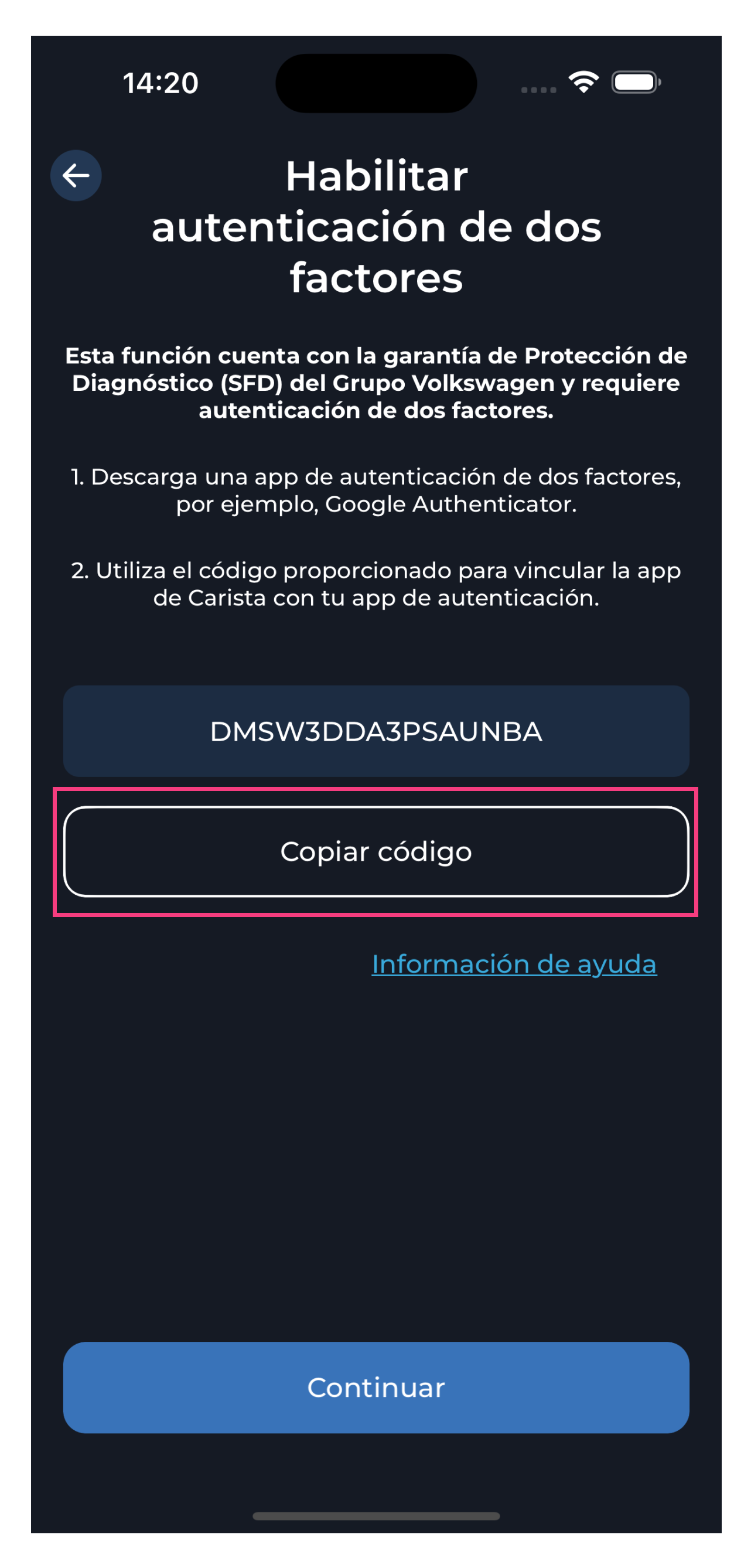 Paso 2: Habilite la autenticación de dos factores: copie el código