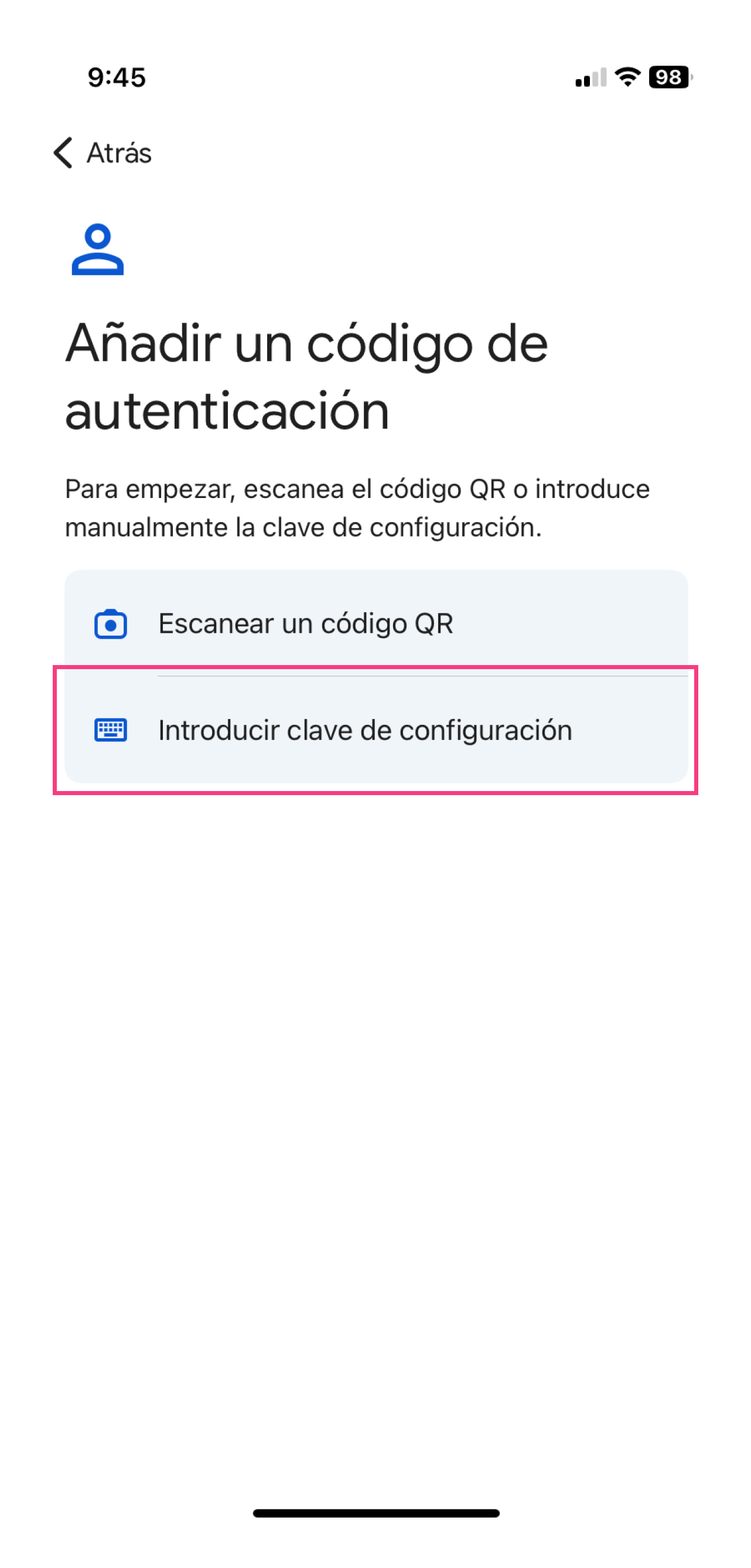 Aplicación Google Authenticator: pantalla 2