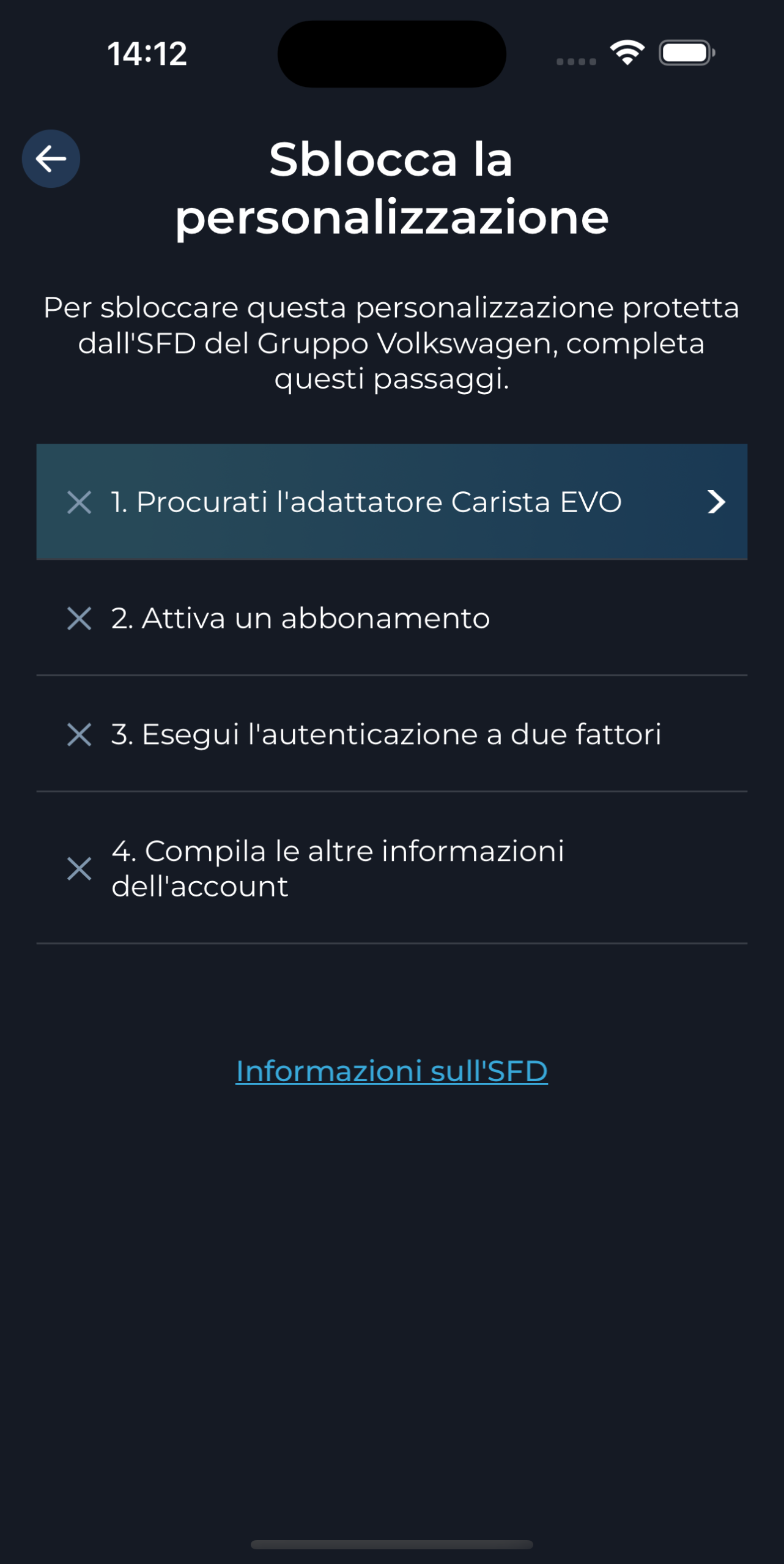 Screenshot del software diagnostico per veicoli Carista della personalizzazione SFD