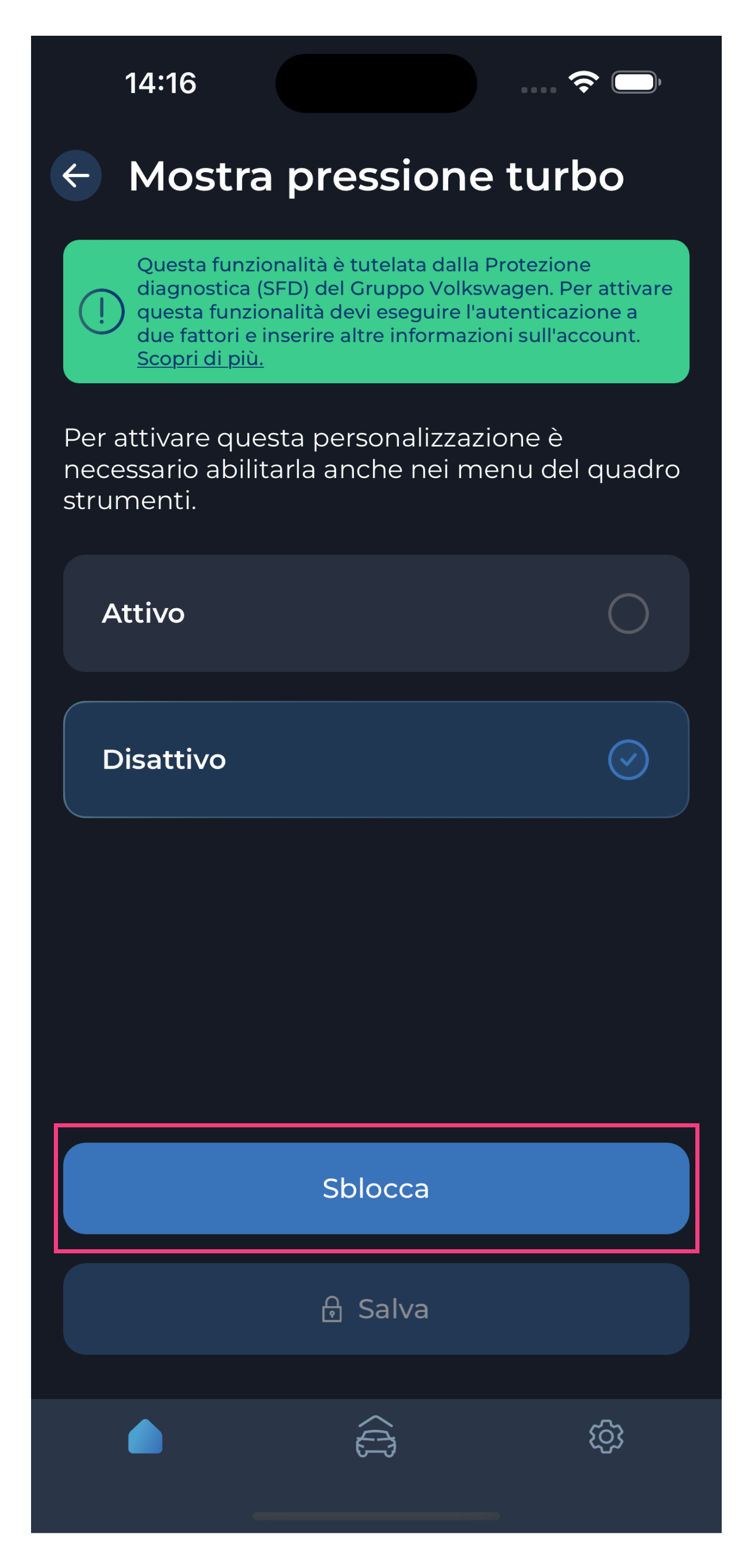 Screenshot dell'app per auto mobile Carista OBD del menu Personalizzazione: Gauge Needle Sweep all'avvio