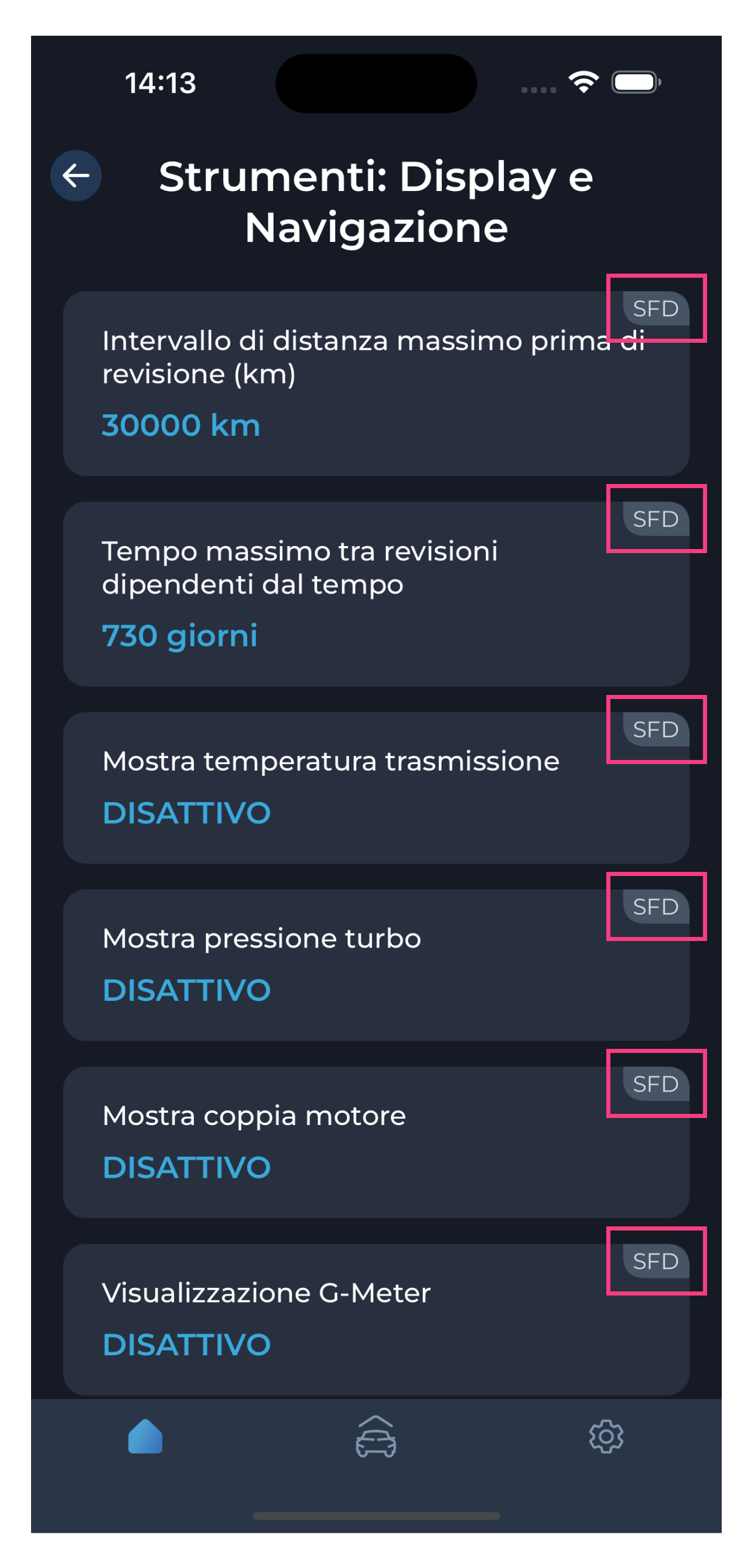 Screenshot dell'app diagnostica Carista del menu Personalizzazione: Strumenti: display e navigazione