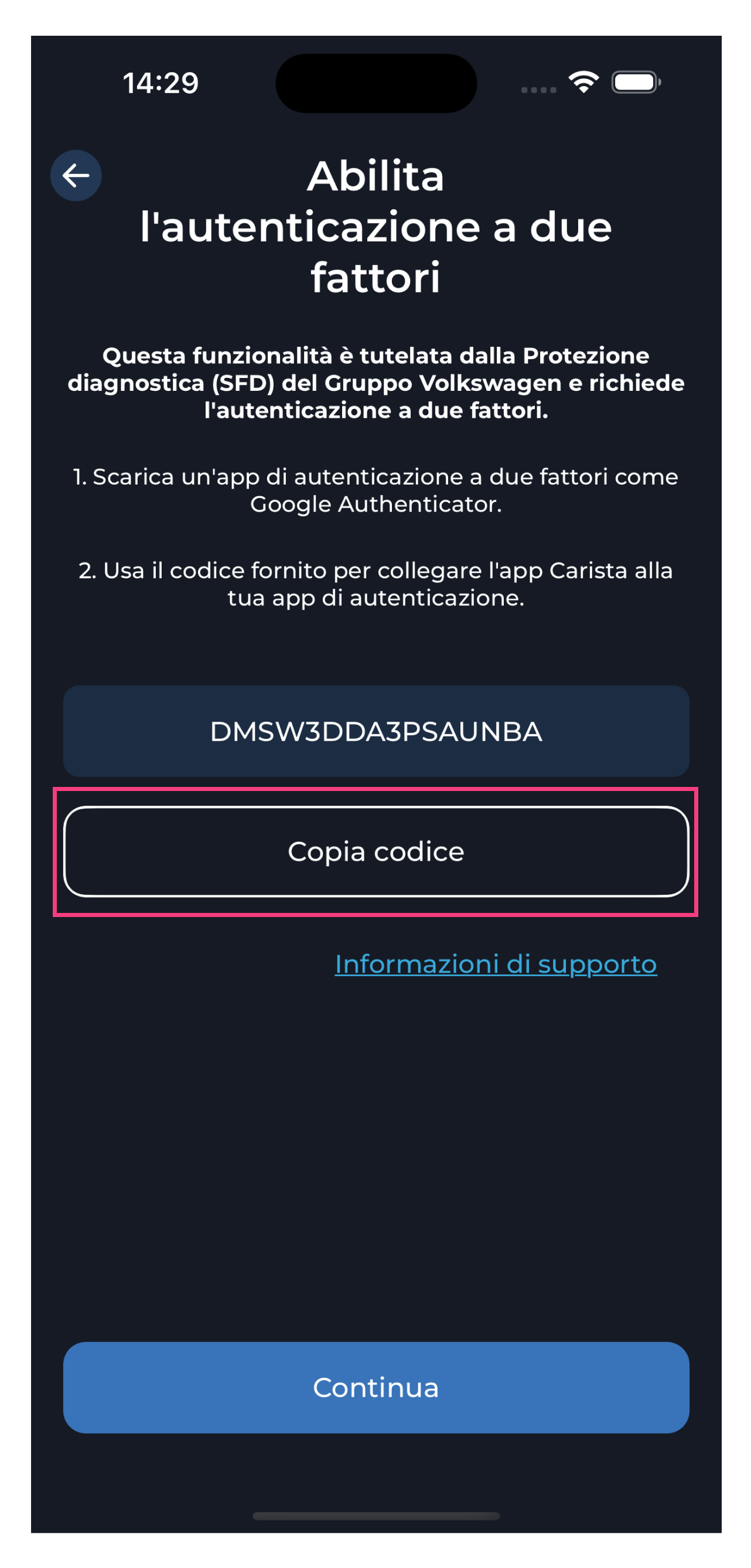Passaggio 2: abilitare l'autenticazione a due fattori: copiare il codice