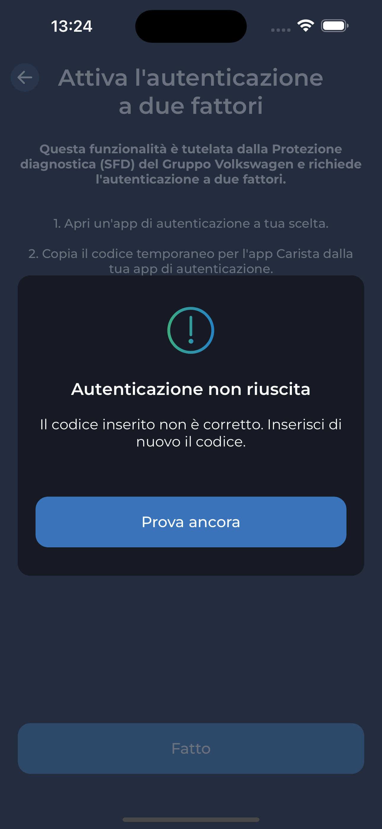 Passaggio 4 Codice errato per l'autenticazione a due fattori