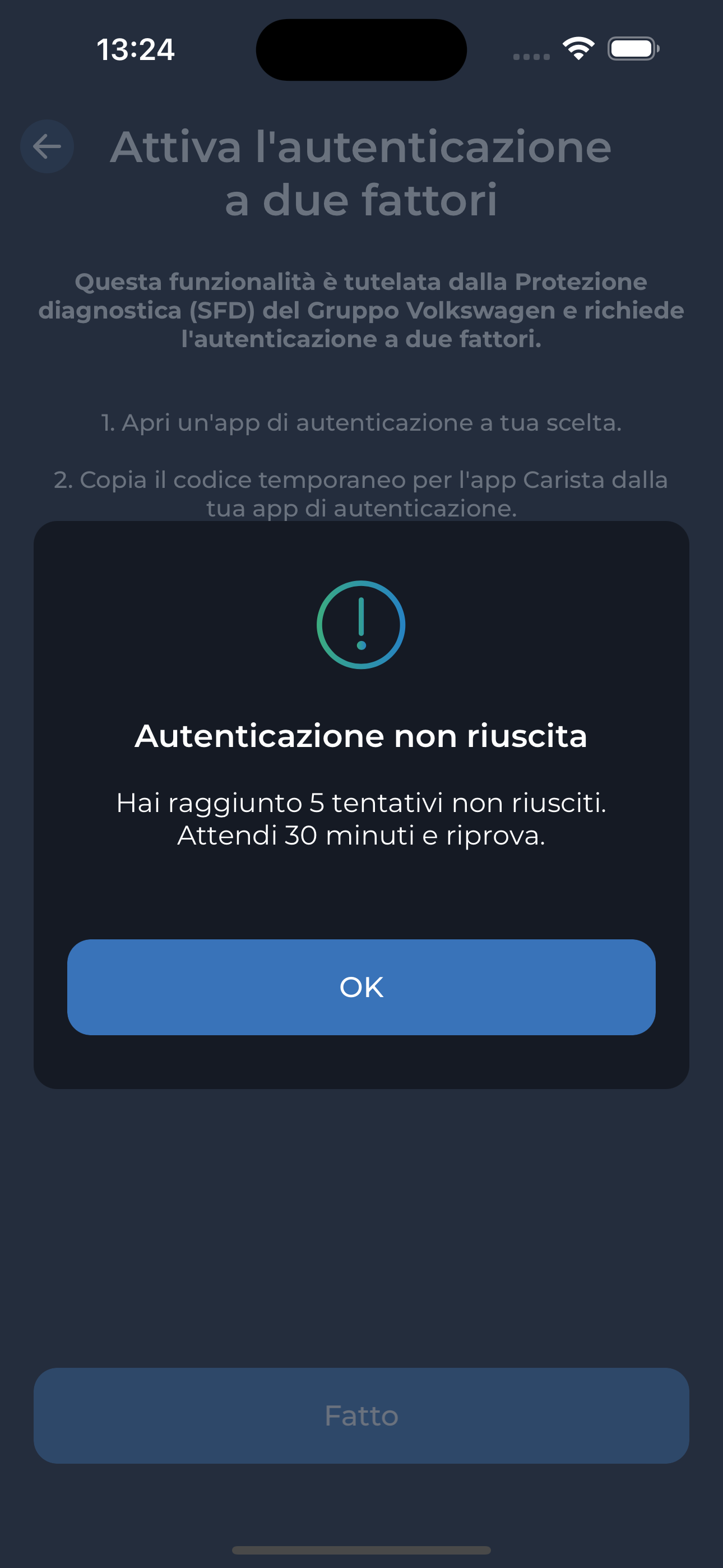 Passaggio 4 Autenticazione a due fattori: codice errato - 5 volte