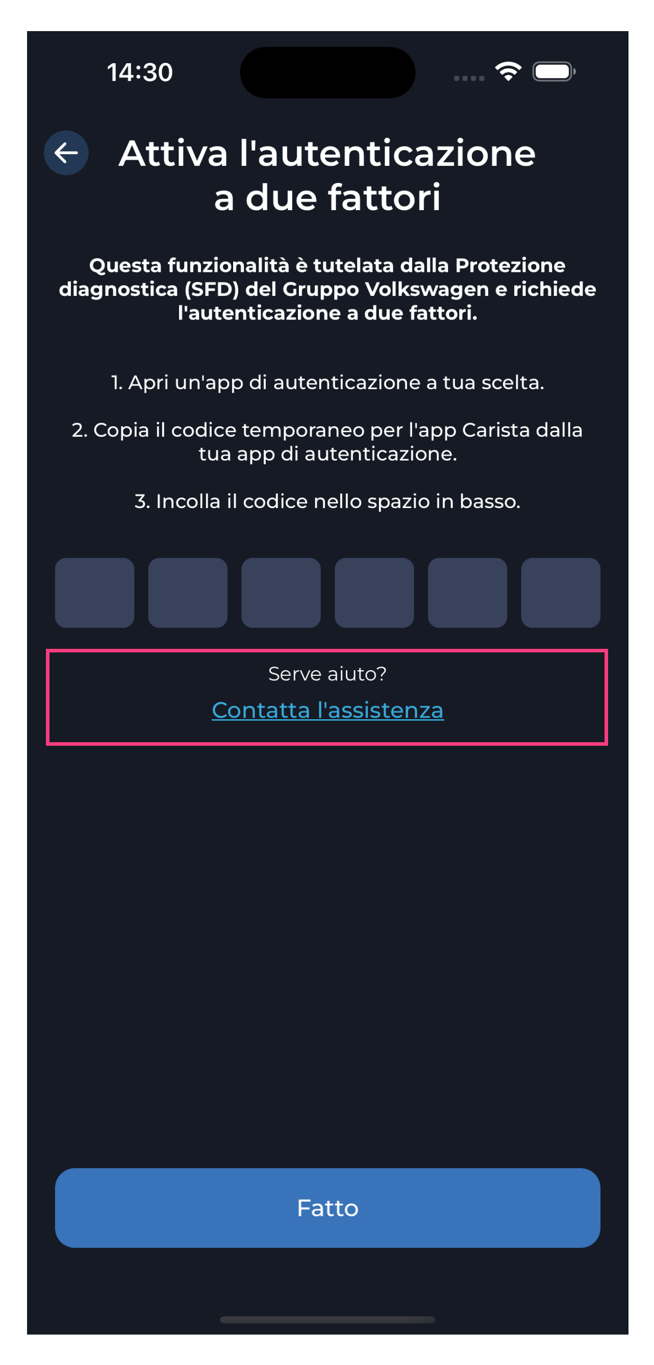 Attiva l'autenticazione a due fattori-Contatta l'assistenza