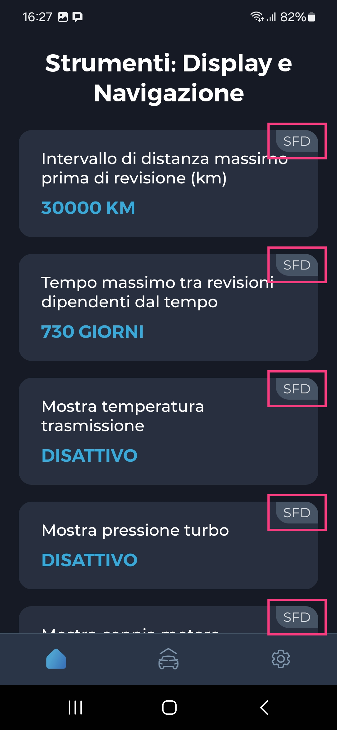 Screenshot dell'app diagnostica Carista del menu Personalizzazione: Strumenti: display e navigazione