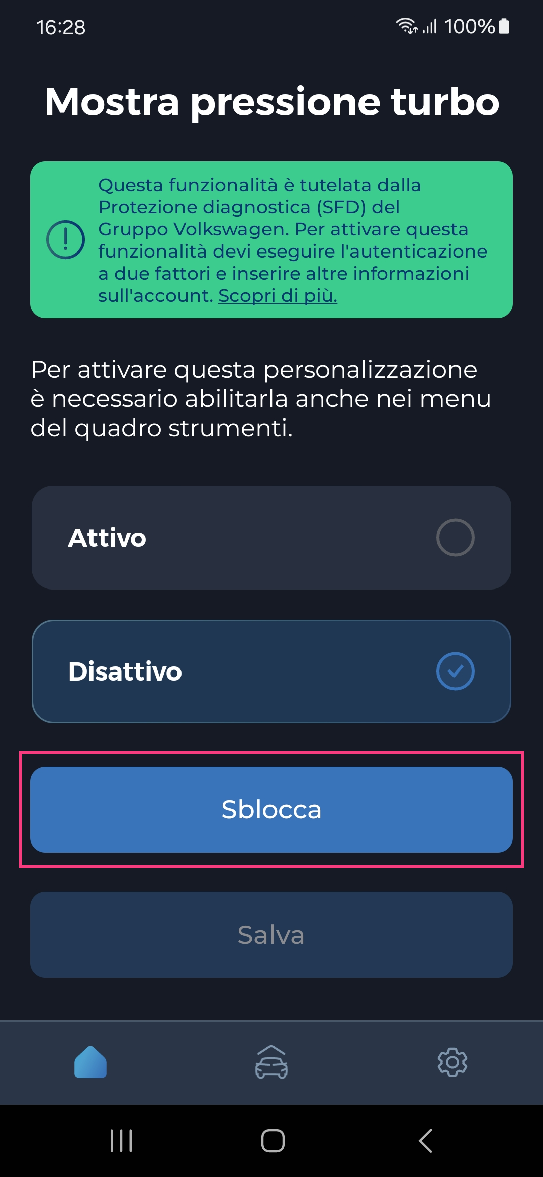 Screenshot dell'app per auto mobile Carista OBD del menu Personalizzazione: Gauge Needle Sweep all'avvio