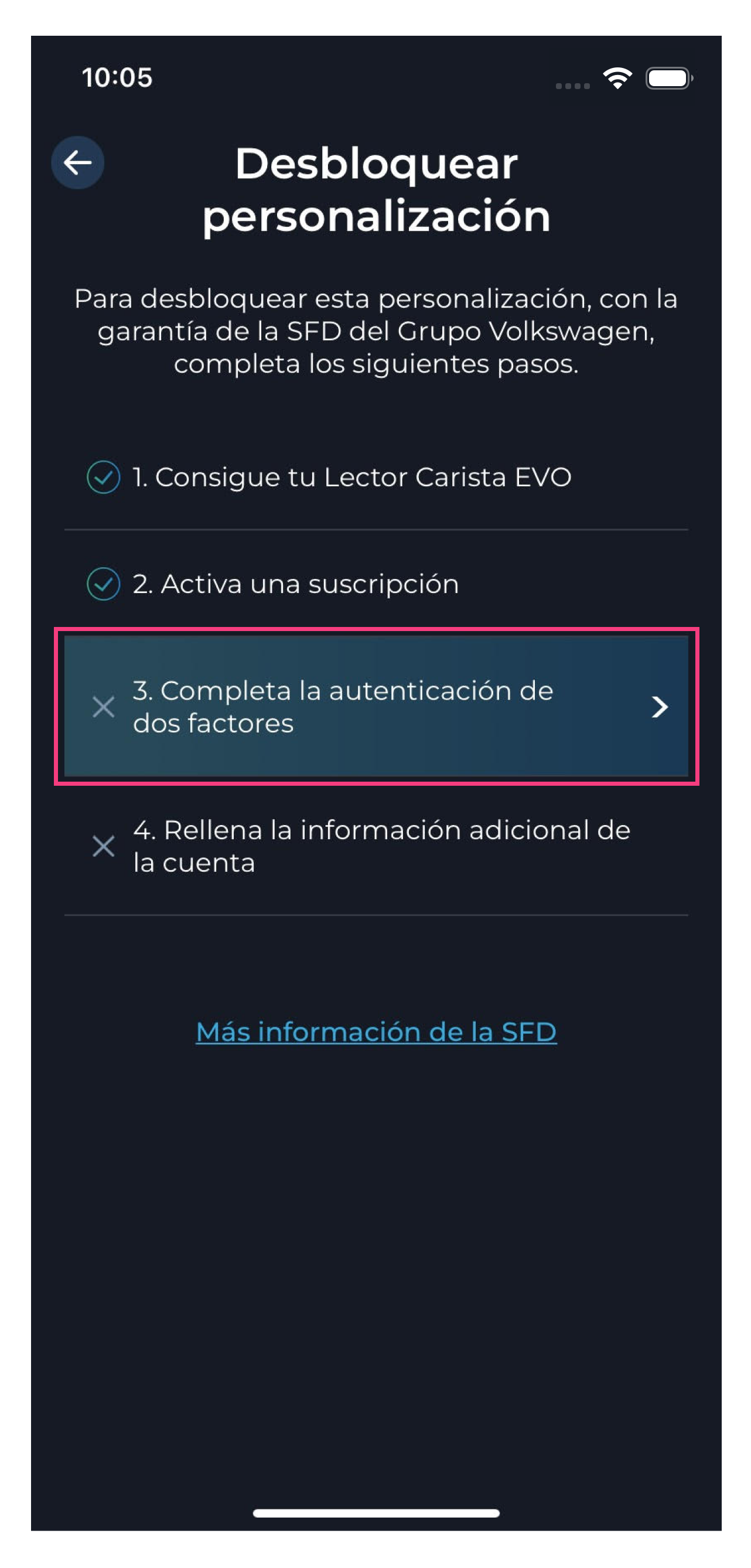 Captura de pantalla del software de diagnóstico del vehículo Carista de personalización SFD