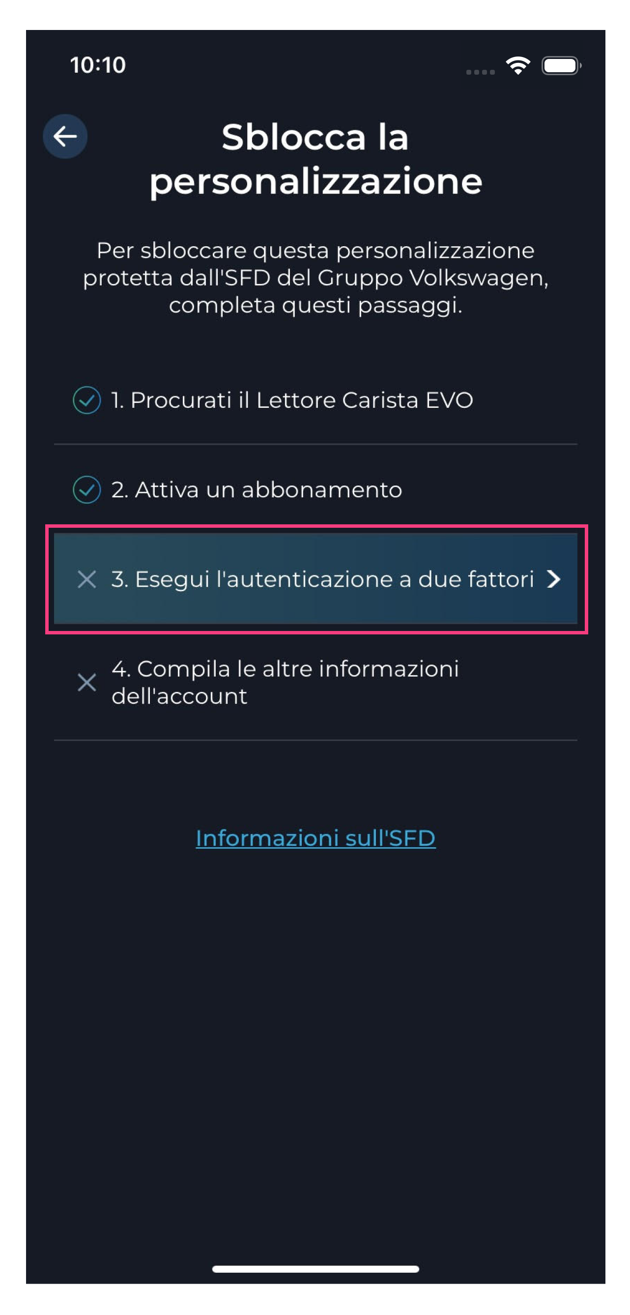 Screenshot del software diagnostico per veicoli Carista della personalizzazione SFD